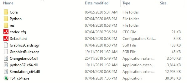 Files inside 'Program Files\The Sims 4\Game\Bin' Folder