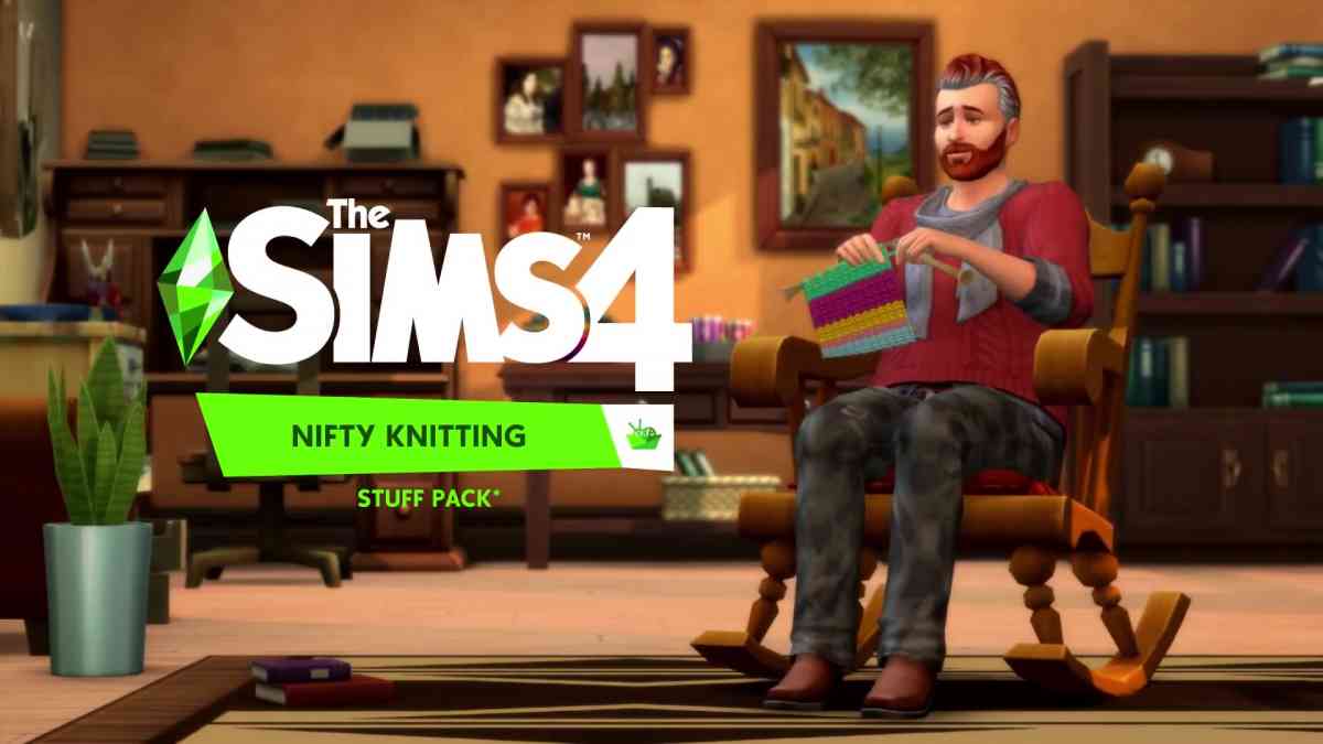 The Sims 4 Nifty Knitting Logo and Knitting Man on Rocking Chair