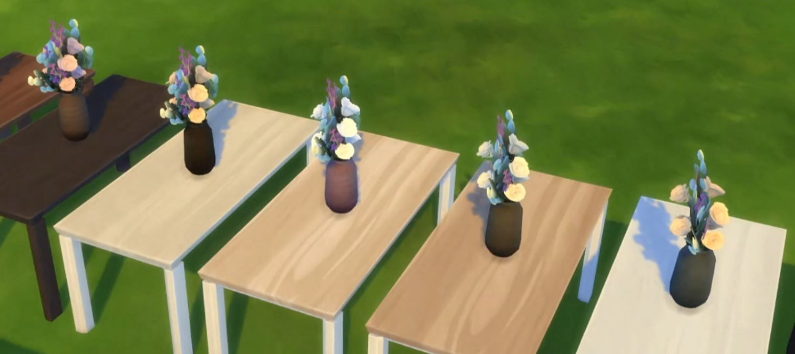 The Sims 4 21st Anniversary Update 1.71.86 New Flowers with Woodgran Vases on Top of the New Halcyon Woodgrain Dining Tables