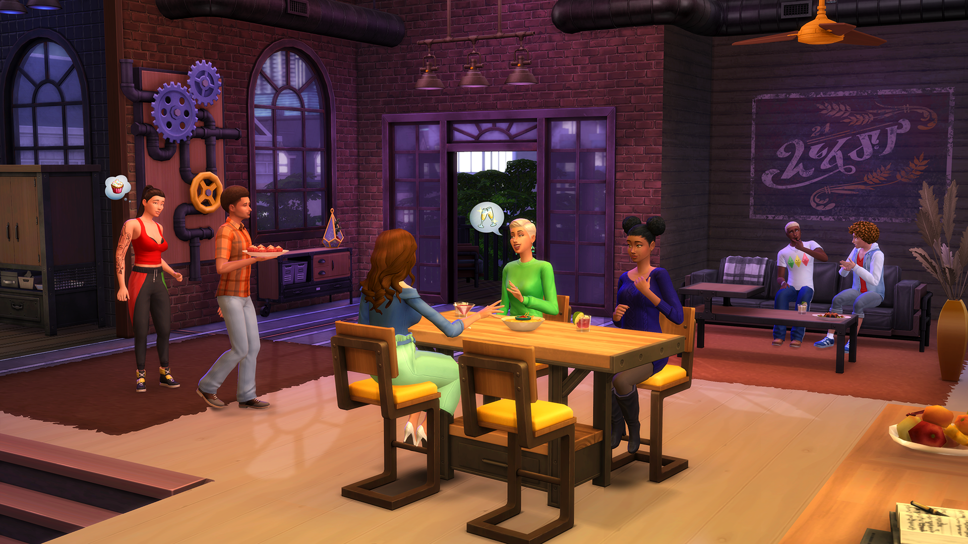 The Sims 4 Industrial Loft Kit - Dining Area with Sims Having a Party