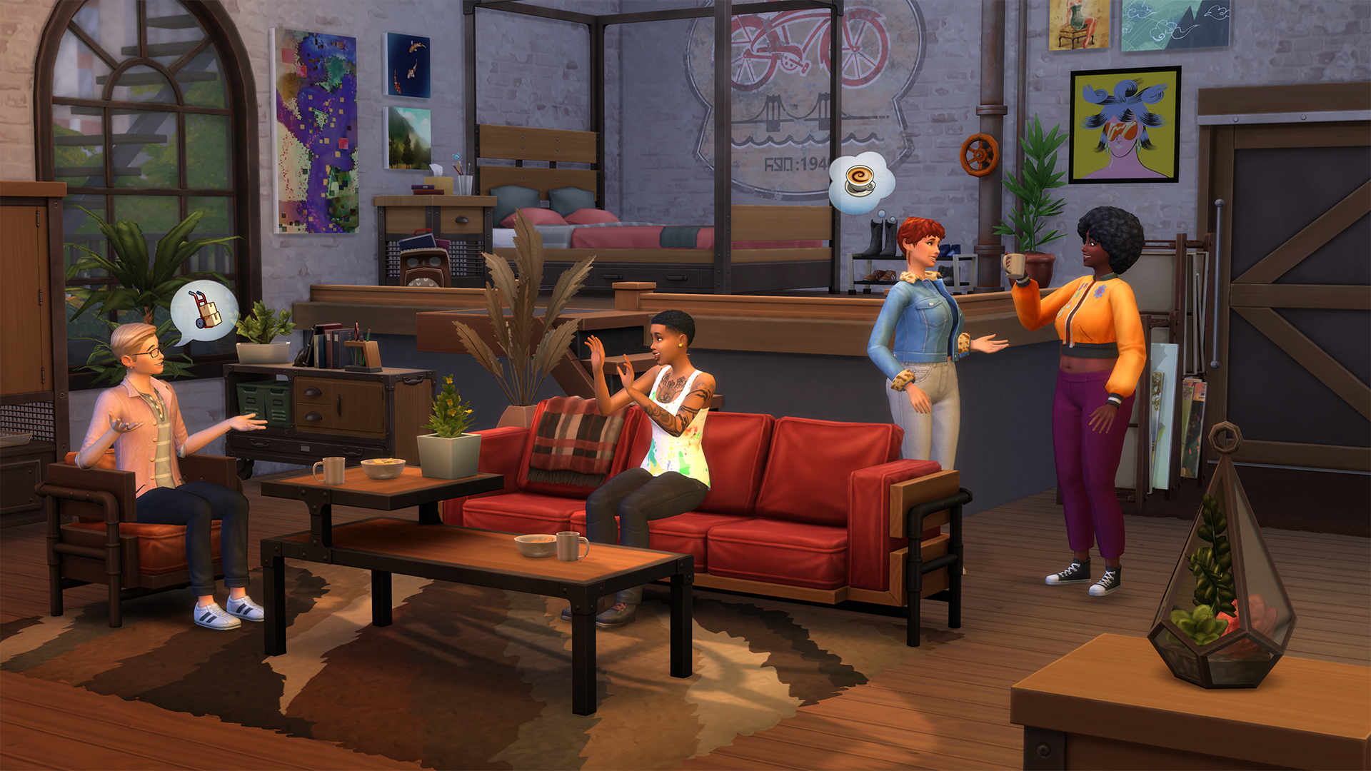 The Sims 4 Industrial Loft Kit Living Space with Guests Enjoying Life