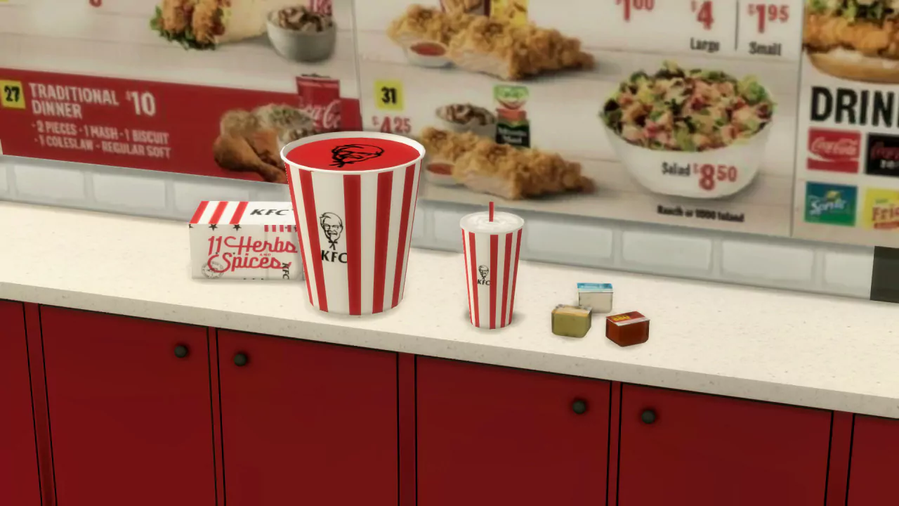 The Sims 4 KFC - Counter with Chicken Bucket, Box, Drink and Sauces/Spices - Prices in the Background