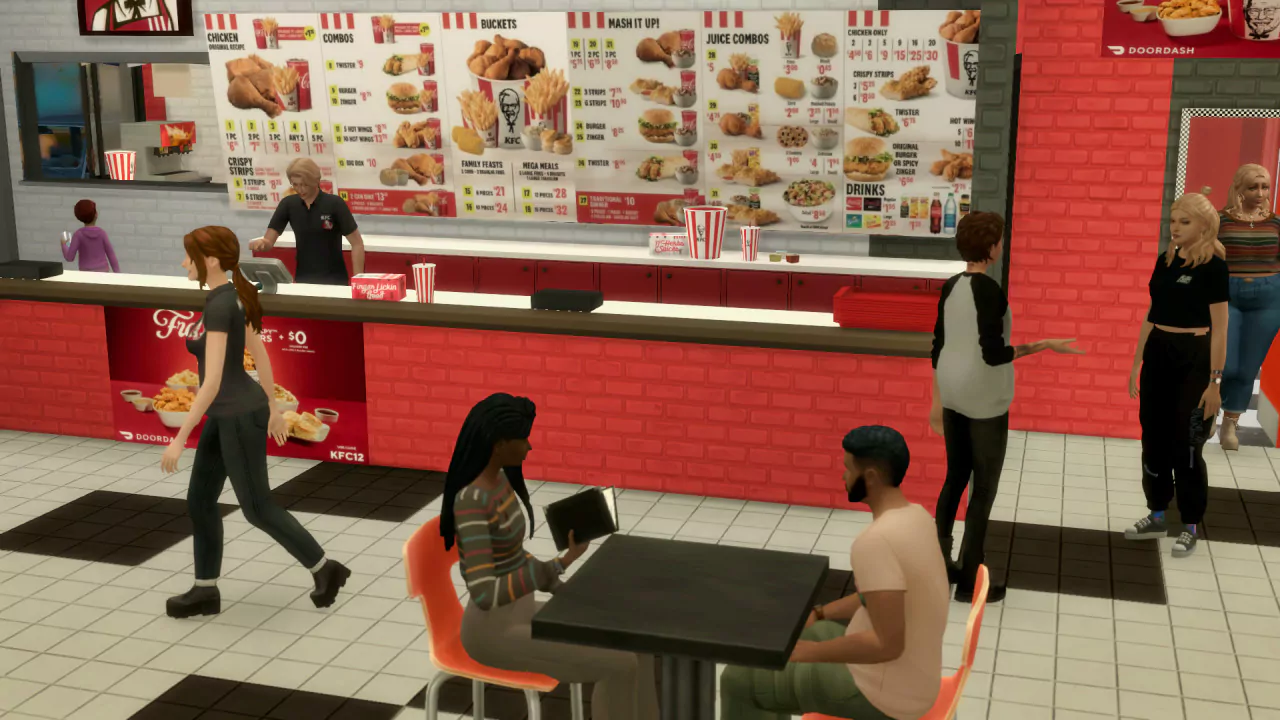 The Sims 4 KFC - Front Desk with Price List, Waiters and Customers