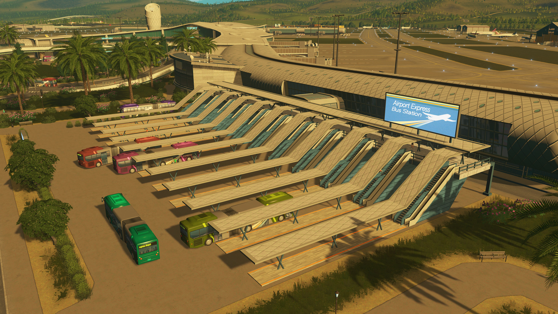 Cities Skylines Airports Screenshot Showing Bus Terminal Integration into the Airport