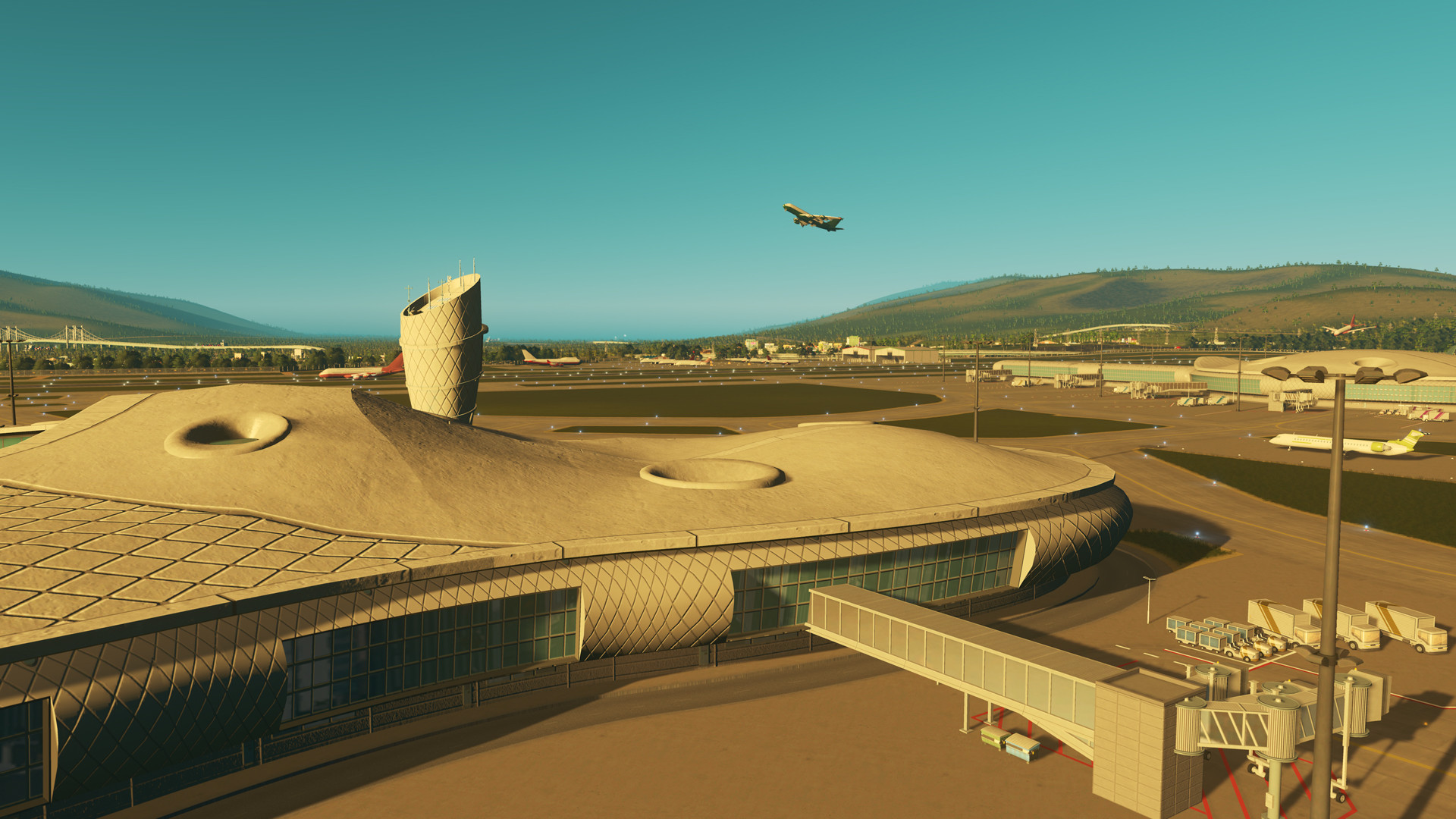 Cities Skylines Airports Screenshot Showing the Bridge to the Plane and Another Plane Taking Off at a Distance