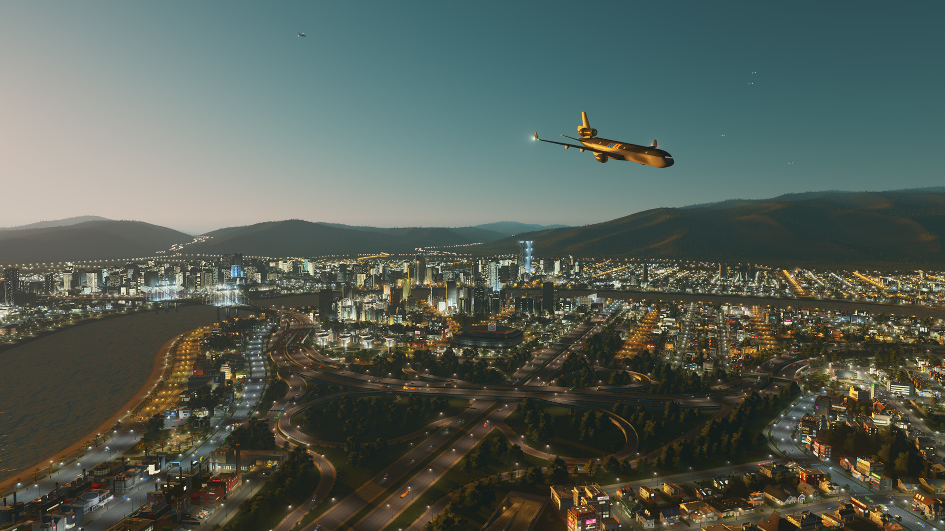Cities Skylines Airports Screenshot with a Plane Flying