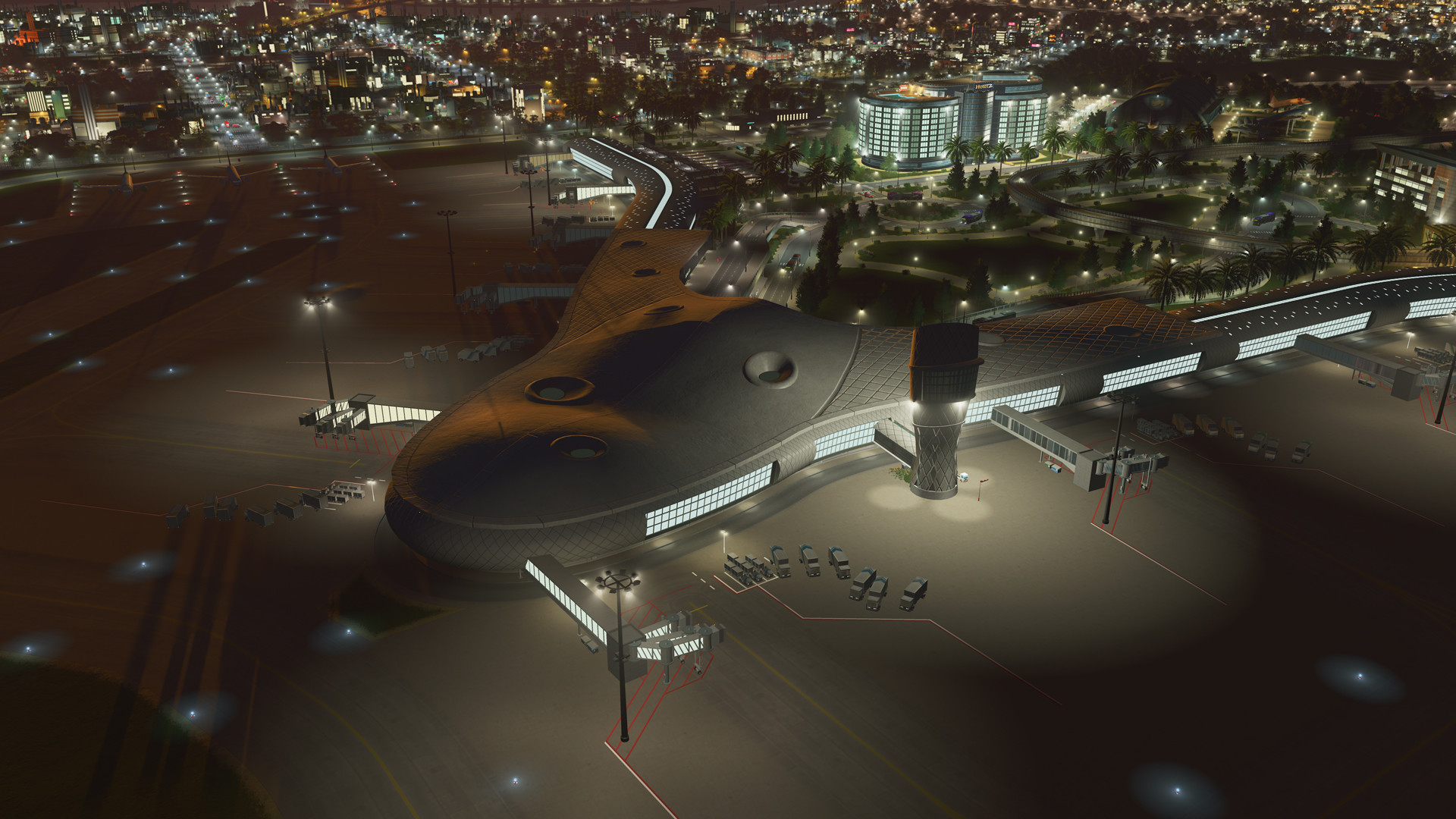 Cities Skylines Airports Screenshot with a modern curved terminal at night