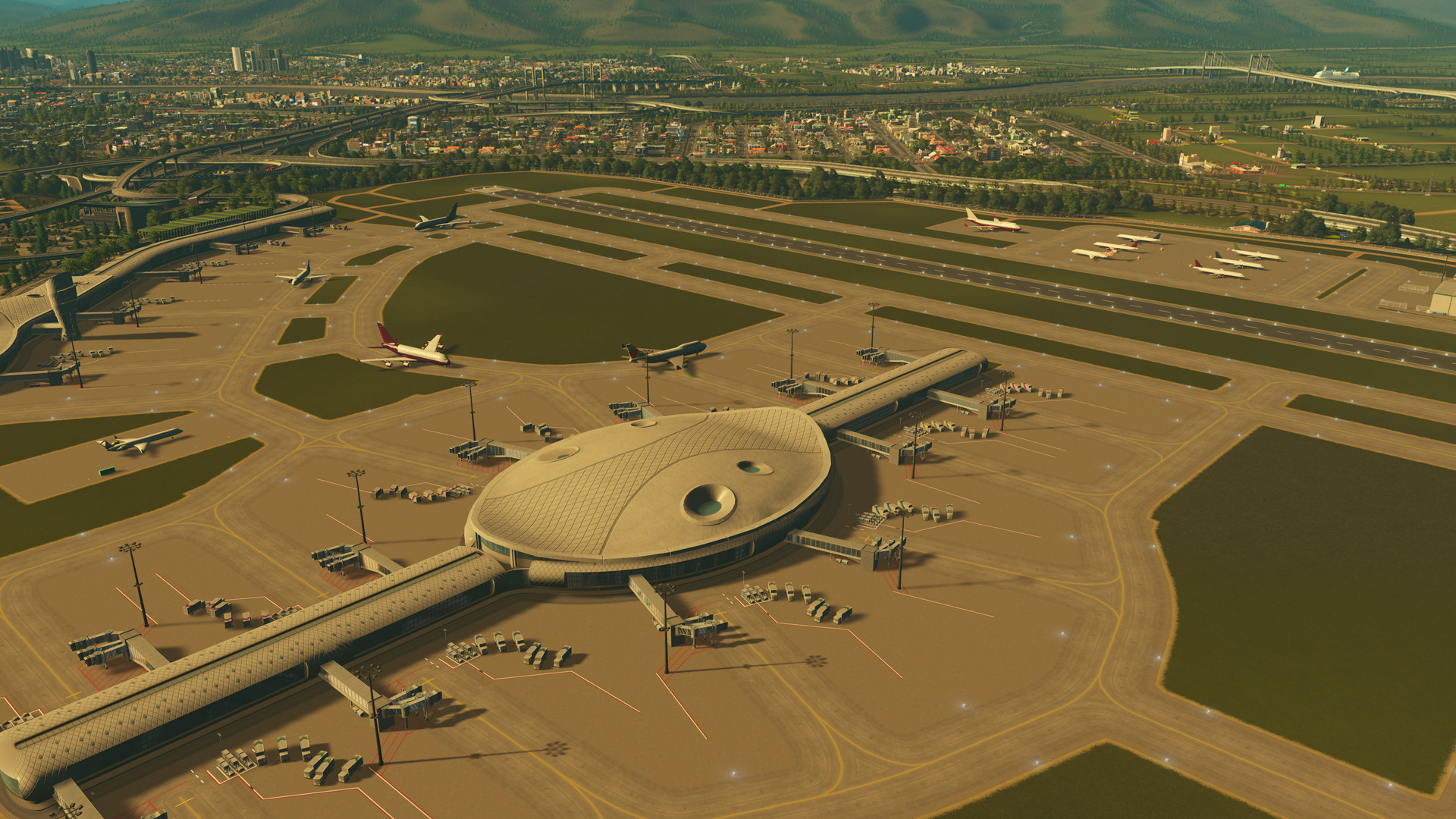 Cities Skylines Airports Screenshot with an Airport Terminal and Planes Taxing