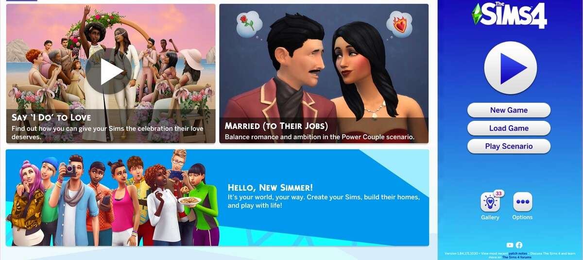 The Sims 4 1.84.171.1030 Title Screen with Version Number and News