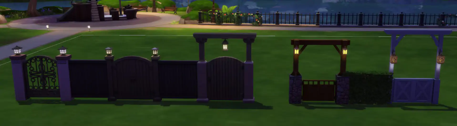 A row of decorative Sims gates and fences in various styles—metal, wood, stone, and hedge—displayed outdoors at night.