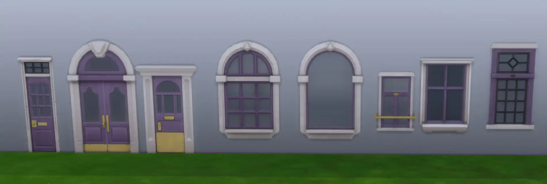 A lineup of purple-and-white Sims doors and windows in various shapes and styles displayed on an exterior wall.
