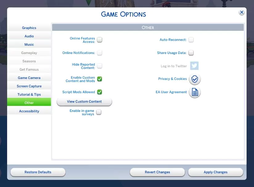 How to Enable Mods and Custom Content / CC - Suggested Game Options