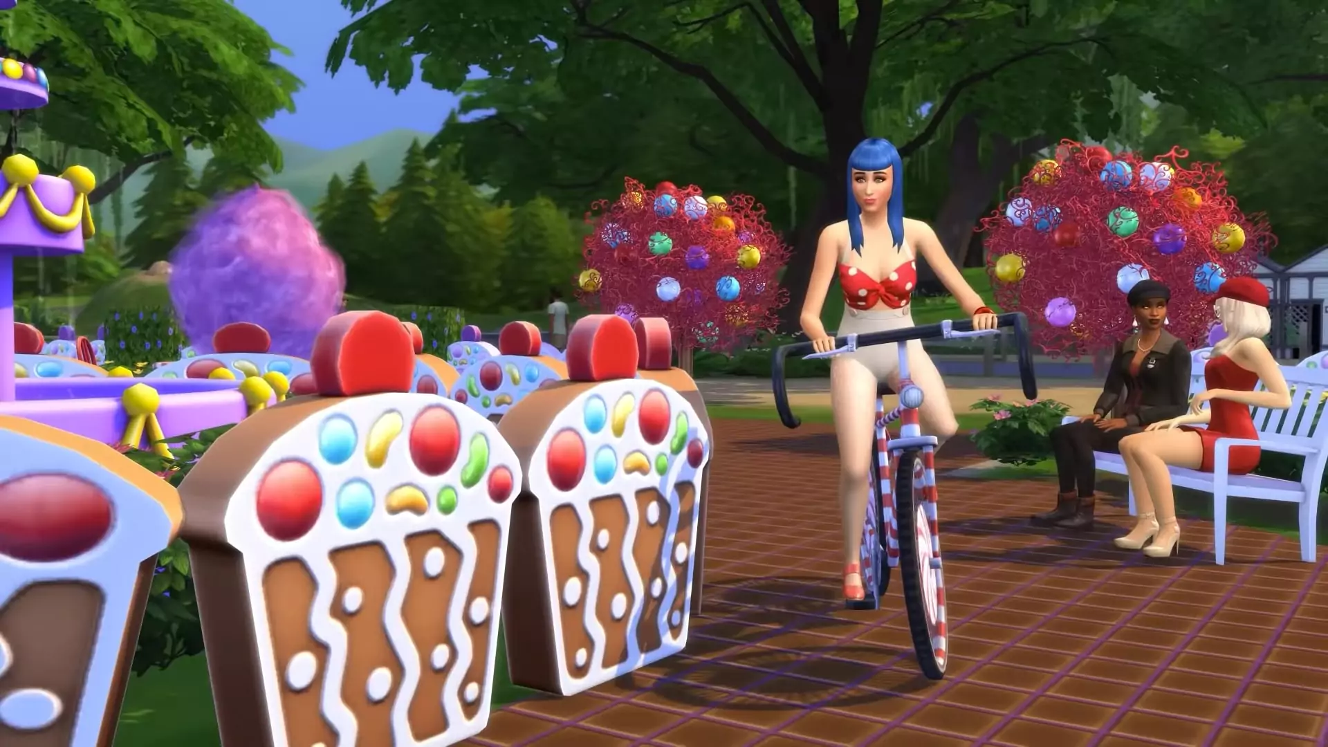 The Sims 4 Sweet Treats - Katy Perry Riding Bicycle near Cupcakes