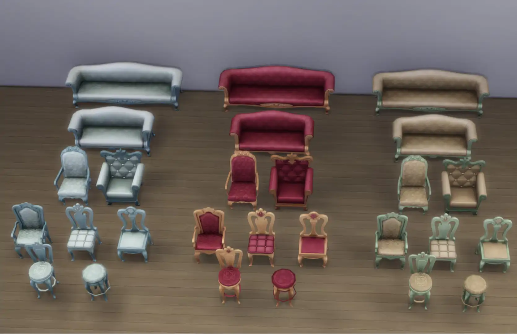 The Sims 4 Update 1.120.117.1030 - December 2, 2025 - The Sim Architect Three sets of ornate sofas, chairs, and stools in blue, red, and tan color schemes arranged in rows on a wooden floor.